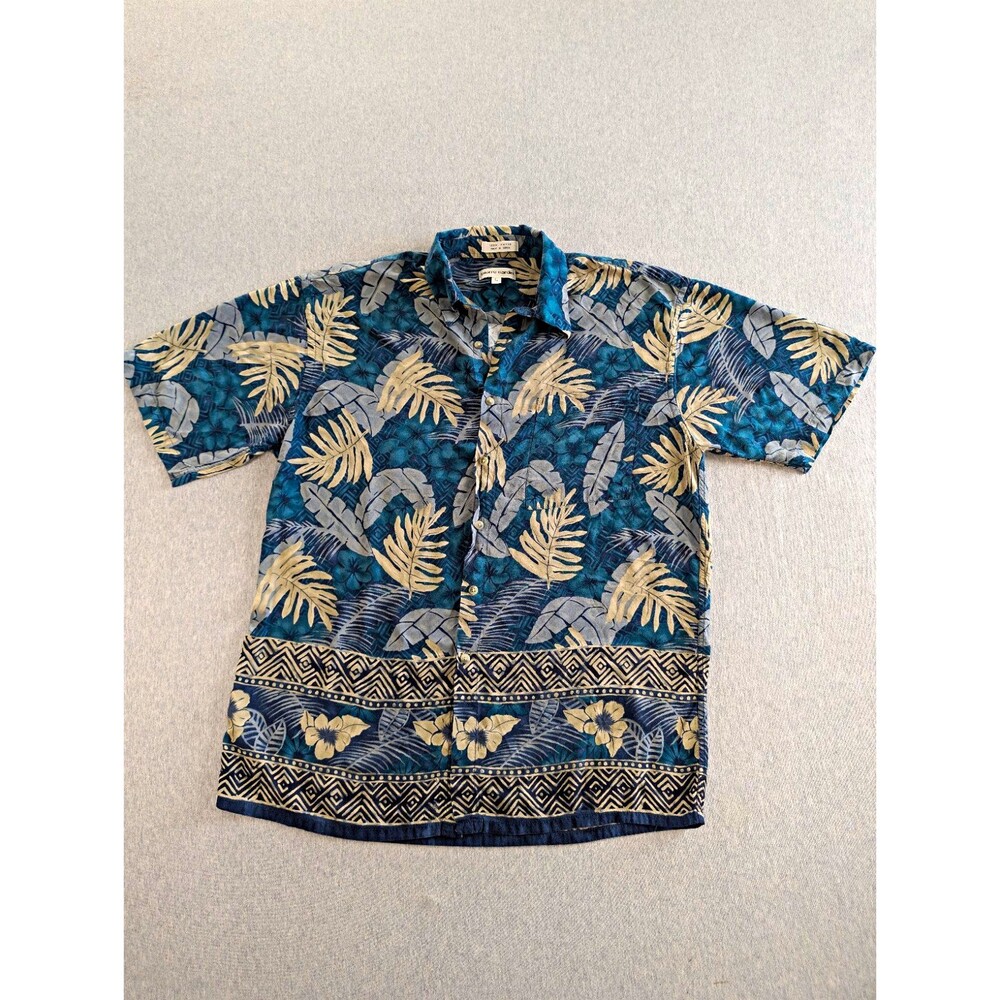 Pierre Cardin Mens L Hawaiian Floral Blue Rayon Short Sleeve Button-Up Shirt